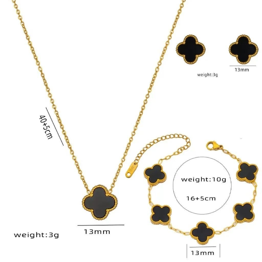 Parure trèfle Élégance – Collier, Bracelet & Boucles d’oreilles en Acier Inoxydable Doré