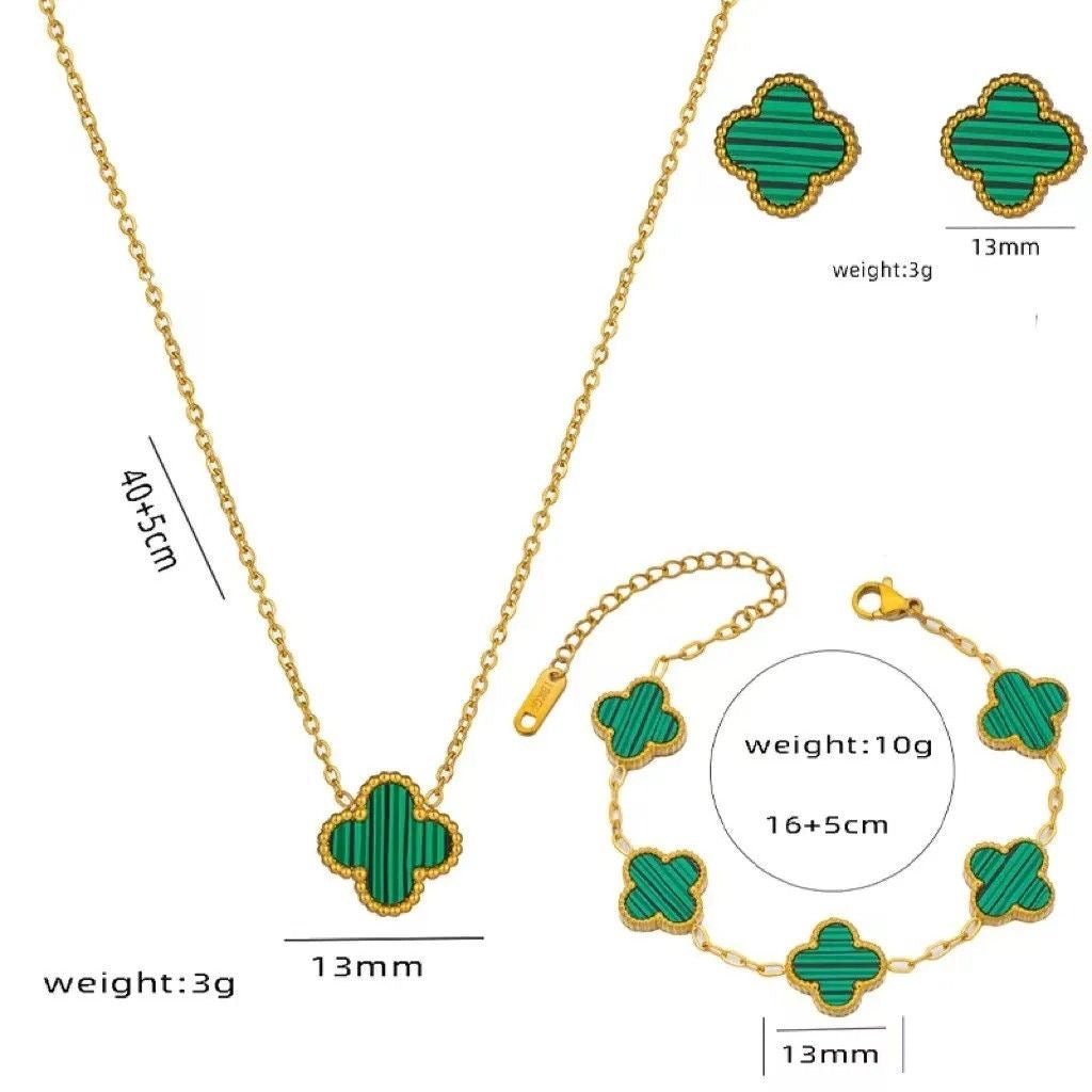Parure trèfle Élégance – Collier, Bracelet & Boucles d’oreilles en Acier Inoxydable Doré