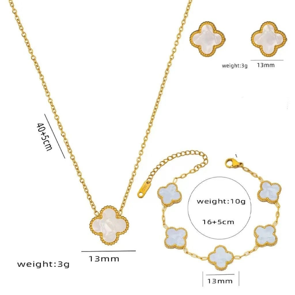 Parure trèfle Élégance – Collier, Bracelet & Boucles d’oreilles en Acier Inoxydable Doré