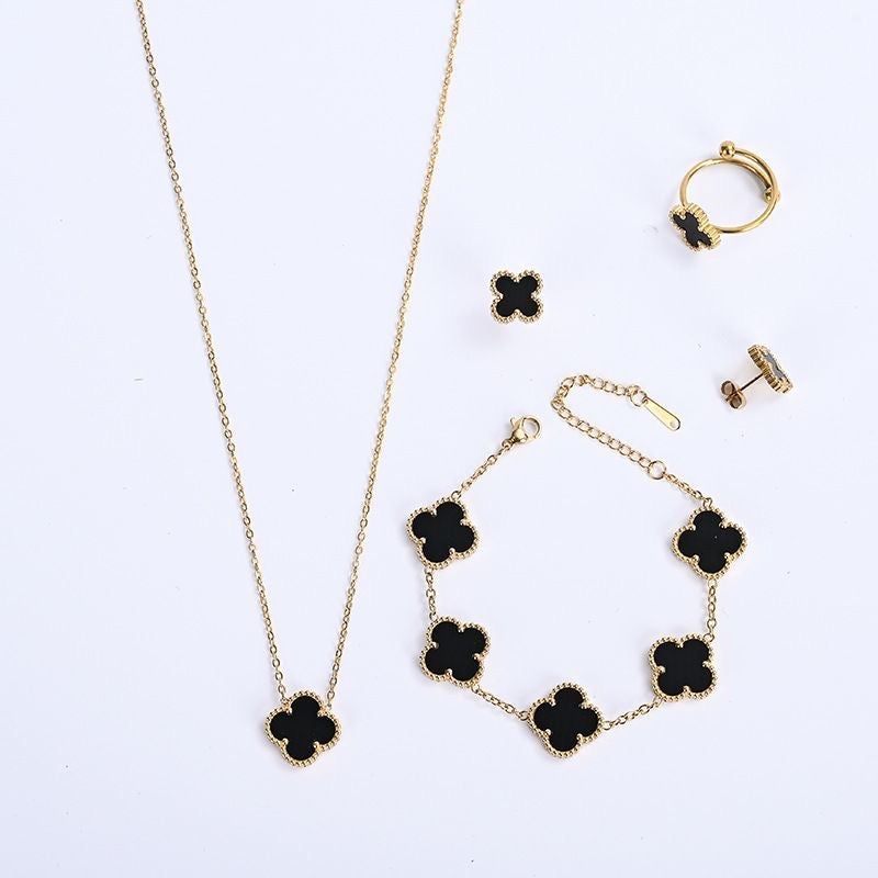 Parure trèfle Élégance – Collier, Bracelet & Boucles d’oreilles en Acier Inoxydable Doré